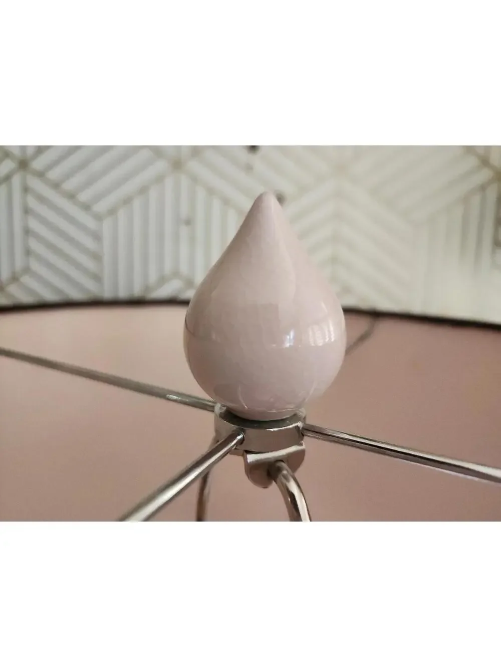 Vintage Large Pink Ceramic Table Lamp With Drum Shade And Ceramic Finial